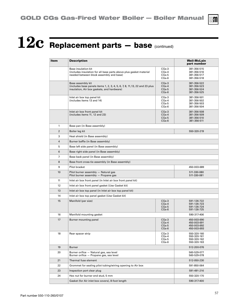 Replacement parts — base, Gold cgs gas-fired water boiler — boiler manual, Continued) | Weil-McLain GOLD CGS 550-110-260/0107 User Manual | Page 57 / 64