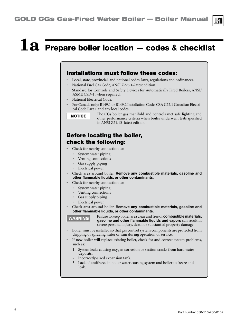 Prepare boiler location — codes & checklist, Gold cgs gas-fired water boiler — boiler manual, Installations must follow these codes | Before locating the boiler, check the following | Weil-McLain GOLD CGS 550-110-260/0107 User Manual | Page 6 / 64