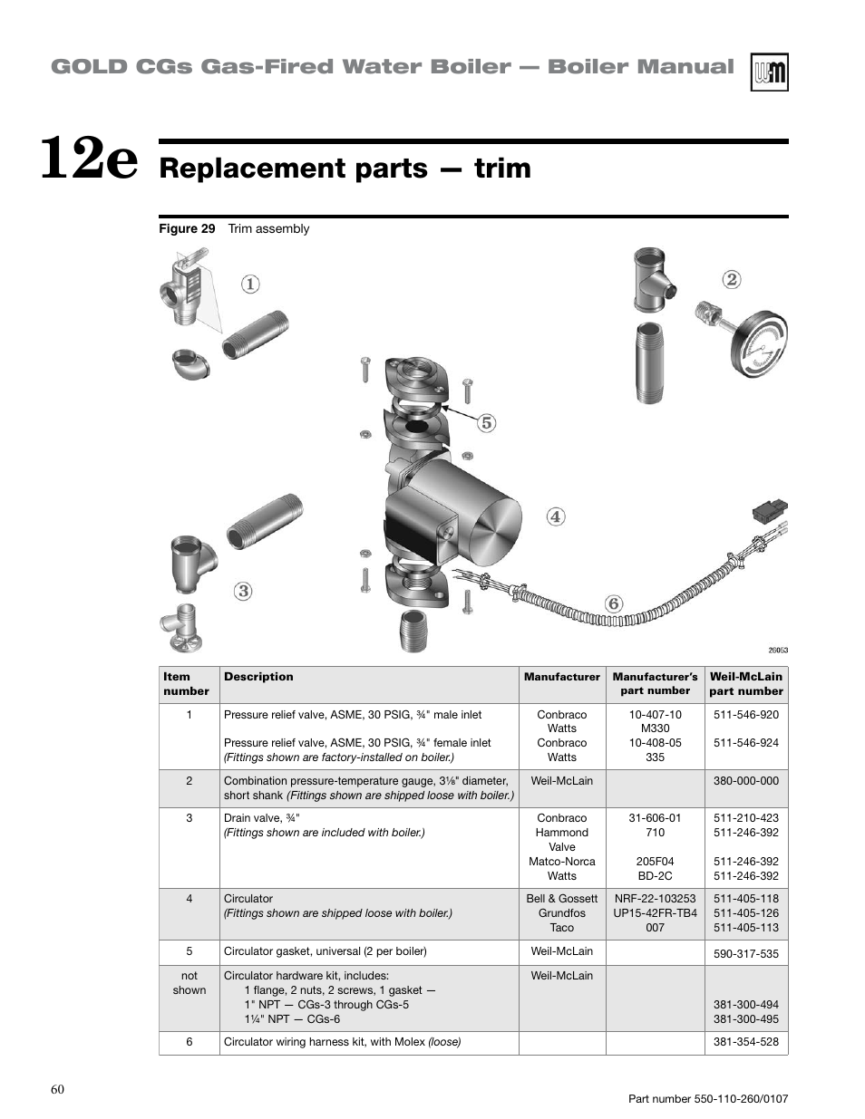 Replacement parts — trim, Gold cgs gas-fired water boiler — boiler manual | Weil-McLain GOLD CGS 550-110-260/0107 User Manual | Page 60 / 64