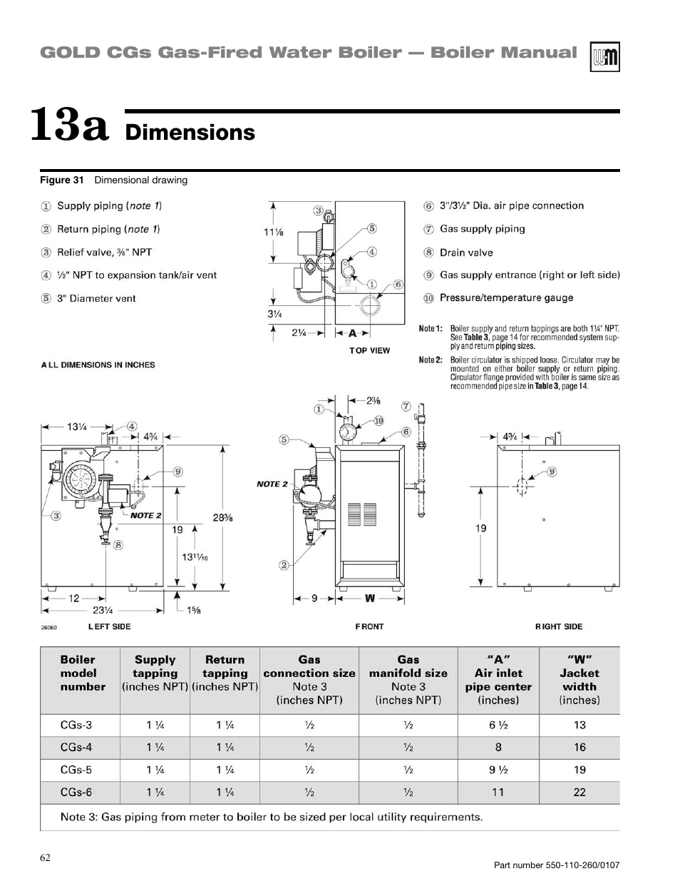 Dimensions | Weil-McLain GOLD CGS 550-110-260/0107 User Manual | Page 62 / 64