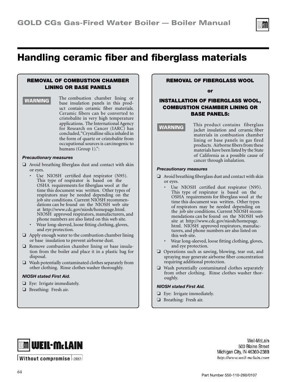 Handling ceramic fiber and fiberglass materials, Gold cgs gas-fired water boiler — boiler manual | Weil-McLain GOLD CGS 550-110-260/0107 User Manual | Page 64 / 64