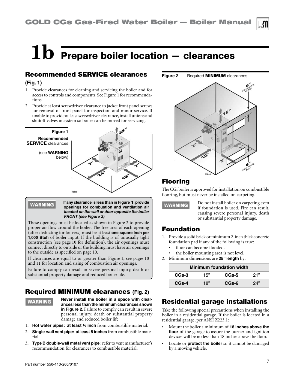 Prepare boiler location — clearances, Gold cgs gas-fired water boiler — boiler manual, Recommended service clearances | Required minimum clearances, Flooring, Foundation, Residential garage installations | Weil-McLain GOLD CGS 550-110-260/0107 User Manual | Page 7 / 64