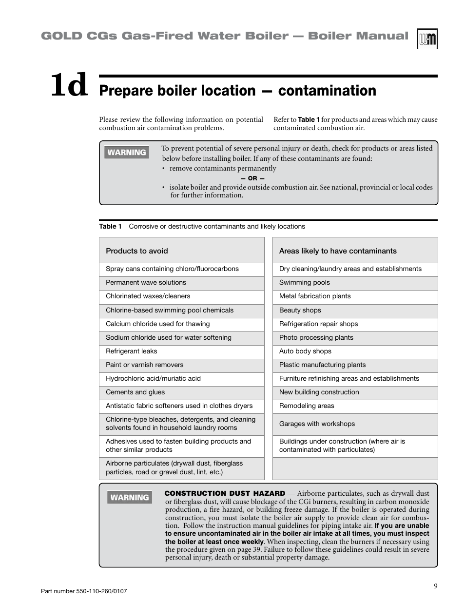 Prepare boiler location — contamination, Gold cgs gas-fired water boiler — boiler manual | Weil-McLain GOLD CGS 550-110-260/0107 User Manual | Page 9 / 64