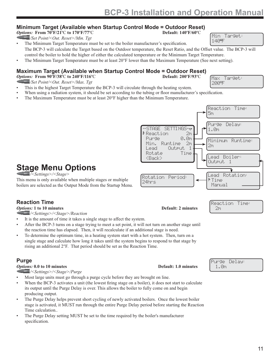 Bcp-3 installation and operation manual, Stage menu options, Reaction time | Purge | Weil-McLain BCP-3 User Manual | Page 11 / 16