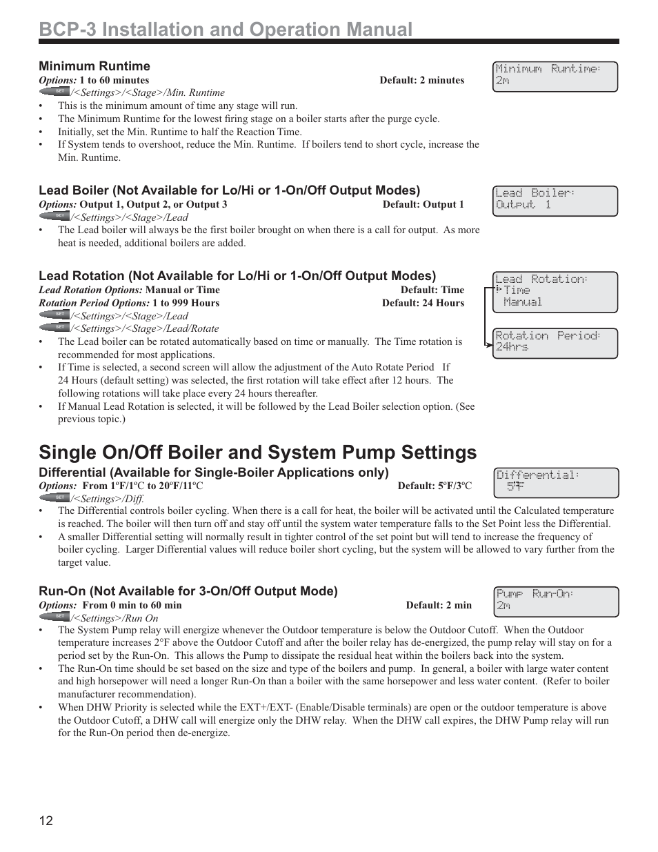 Bcp-3 installation and operation manual, Single on/off boiler and system pump settings, Minimum runtime | Run-on (not available for 3-on/off output mode) | Weil-McLain BCP-3 User Manual | Page 12 / 16