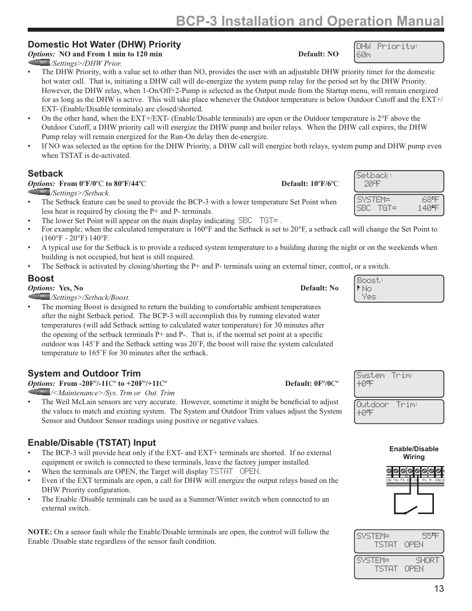 Bcp-3 installation and operation manual, Domestic hot water (dhw) priority, Setback | Boost, System and outdoor trim, Enable/disable (tstat) input | Weil-McLain BCP-3 User Manual | Page 13 / 16