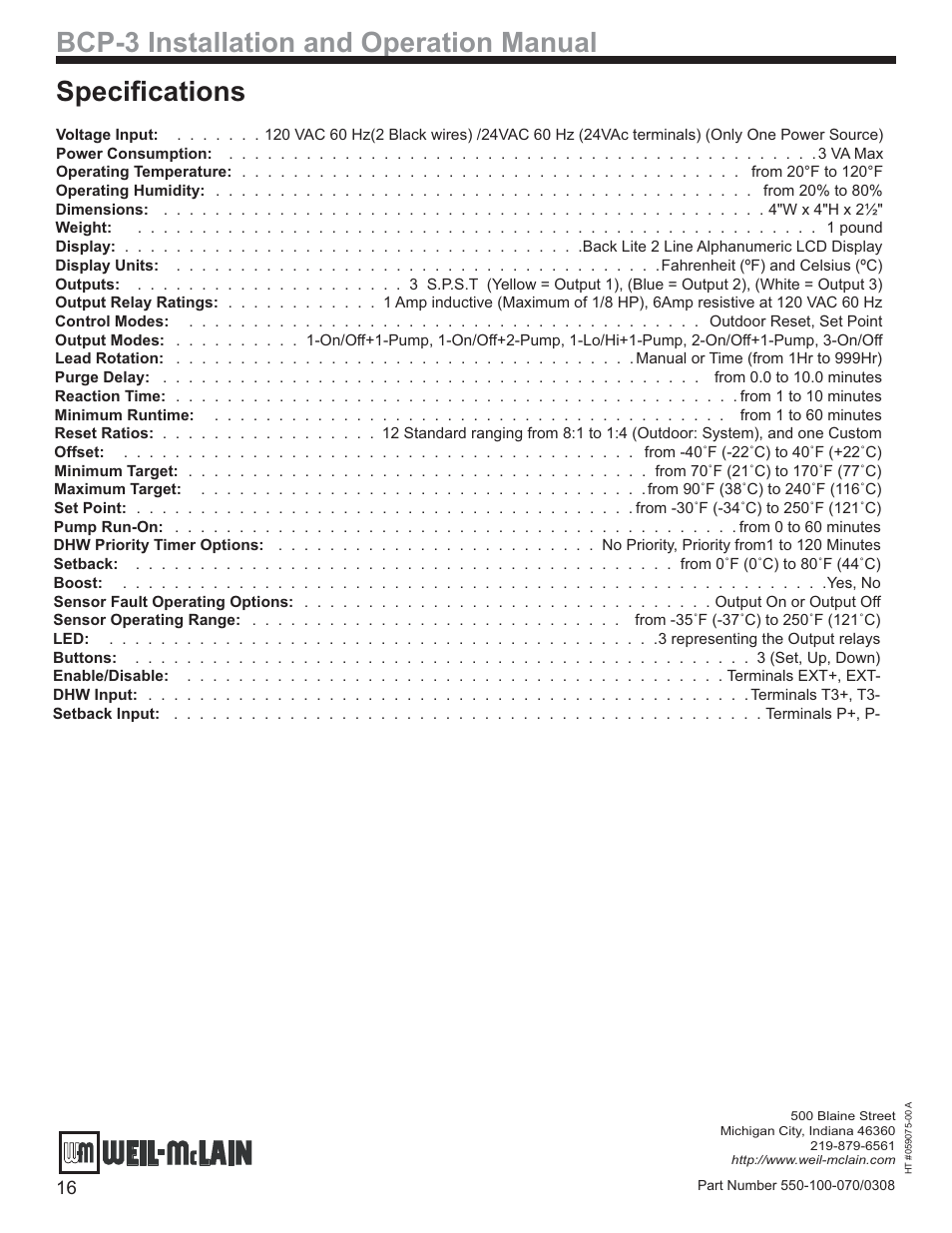 Bcp-3 installation and operation manual, Speciﬁcations | Weil-McLain BCP-3 User Manual | Page 16 / 16