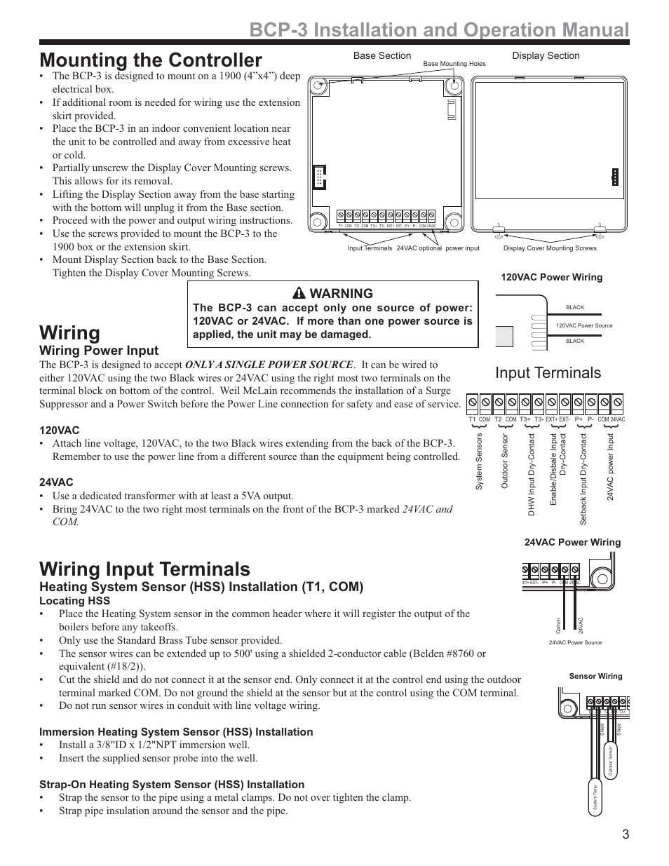 Wiring, Wiring input terminals, Input terminals | Wiring power input, Heating system sensor (hss) installation (t1, com), Warning | Weil-McLain BCP-3 User Manual | Page 3 / 16