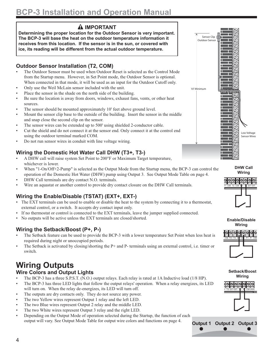 Bcp-3 installation and operation manual, Wiring outputs, Important | Outdoor sensor installation (t2, com), Wiring the domestic hot water call dhw (t3+, t3-), Wiring the enable/disable (tstat) (ext+, ext-), Wiring the setback/boost (p+, p-), Wire colors and output lights | Weil-McLain BCP-3 User Manual | Page 4 / 16