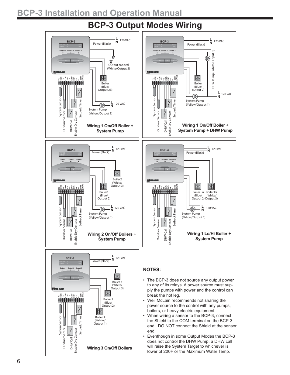 Bcp-3 installation and operation manual, Bcp-3 output modes wiring, Wiring 1 lo/hi boiler + system pump | Wiring 1 on/off boiler + system pump, Wiring 1 on/off boiler + system pump + dhw pump, Wiring 2 on/off boilers + system pump, Wiring 3 on/off boilers | Weil-McLain BCP-3 User Manual | Page 6 / 16