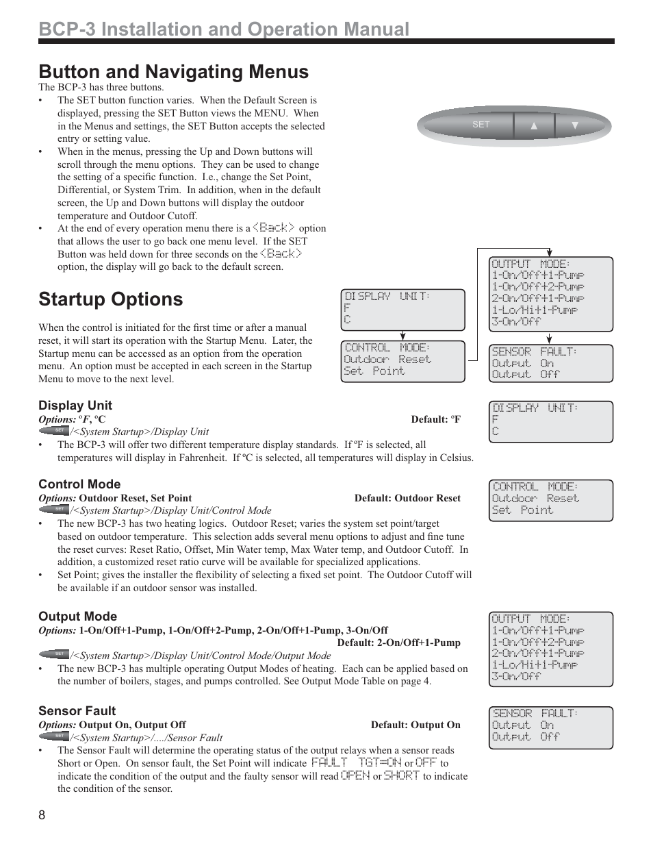 Startup options, Display unit, Control mode | Output mode, Sensor fault | Weil-McLain BCP-3 User Manual | Page 8 / 16