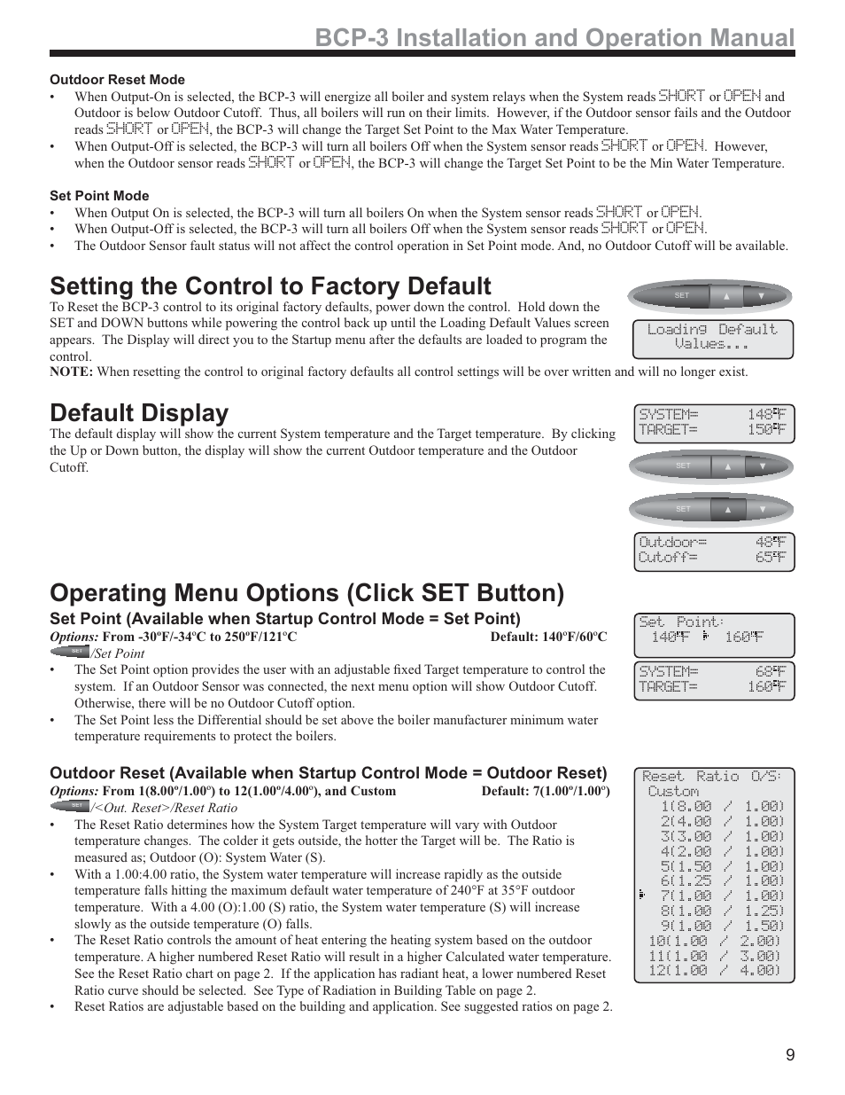 Bcp-3 installation and operation manual, Setting the control to factory default, Default display | Operating menu options (click set button) | Weil-McLain BCP-3 User Manual | Page 9 / 16