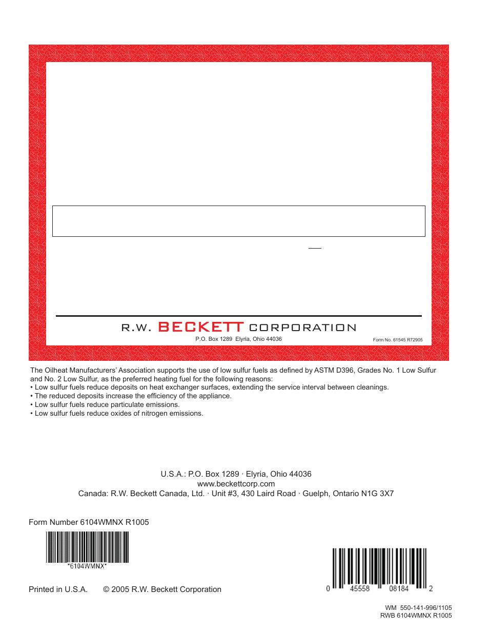 Warranty, Beckett, R.w. beckett corporation | Corporation, Limited | Weil-McLain NX User Manual | Page 20 / 20