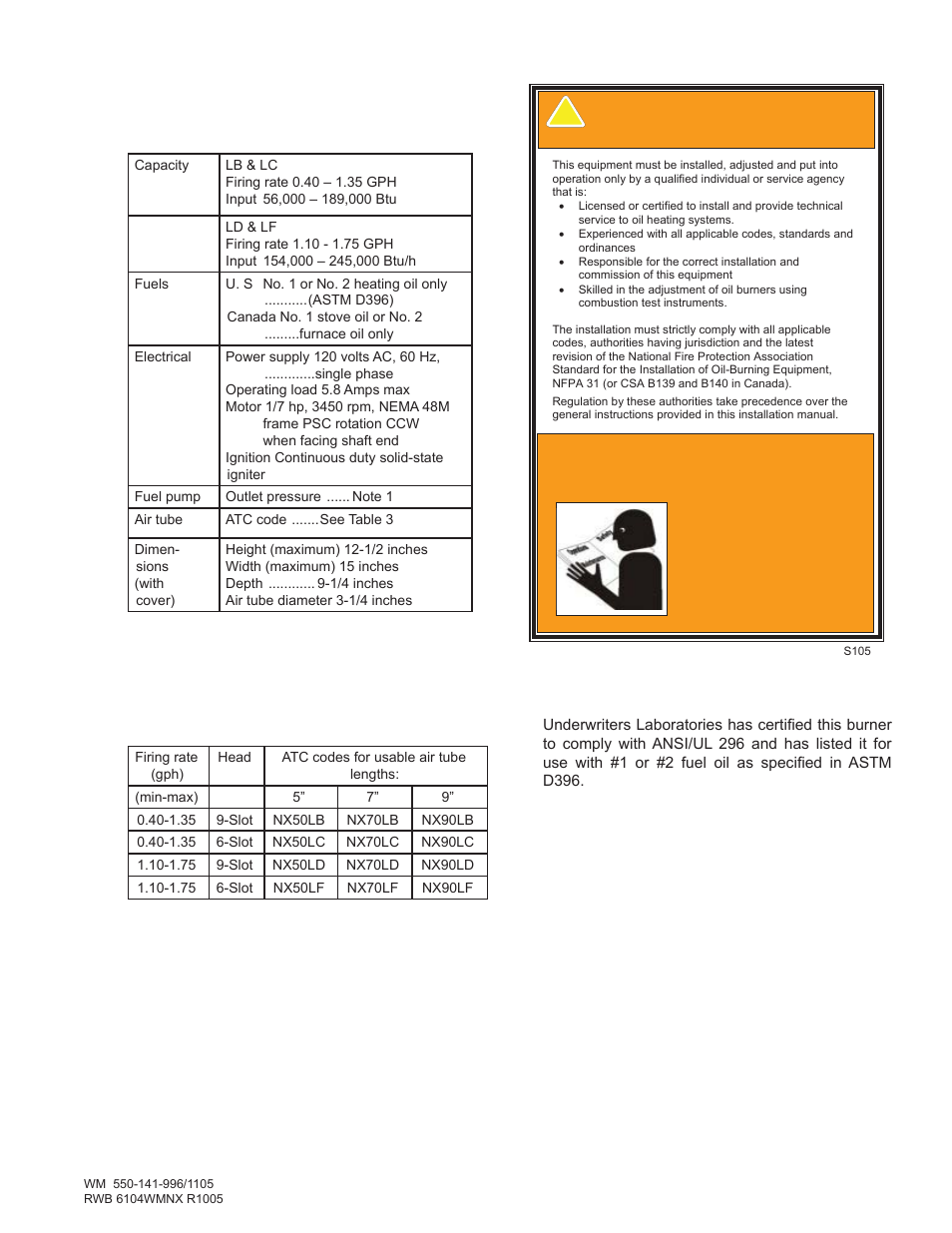 General specifi cations, Warning–professional service required, Table 2 – burner specifi cations | Table 3 – air tube combination (atc) codes | Weil-McLain NX User Manual | Page 5 / 20