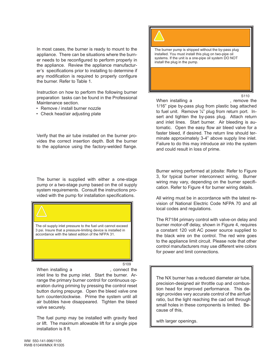 Warning – by-pass plug in 2 pipe system, Prepare the burner, Caution–oil supply pressure control required | Burner preparation | Weil-McLain NX User Manual | Page 9 / 20