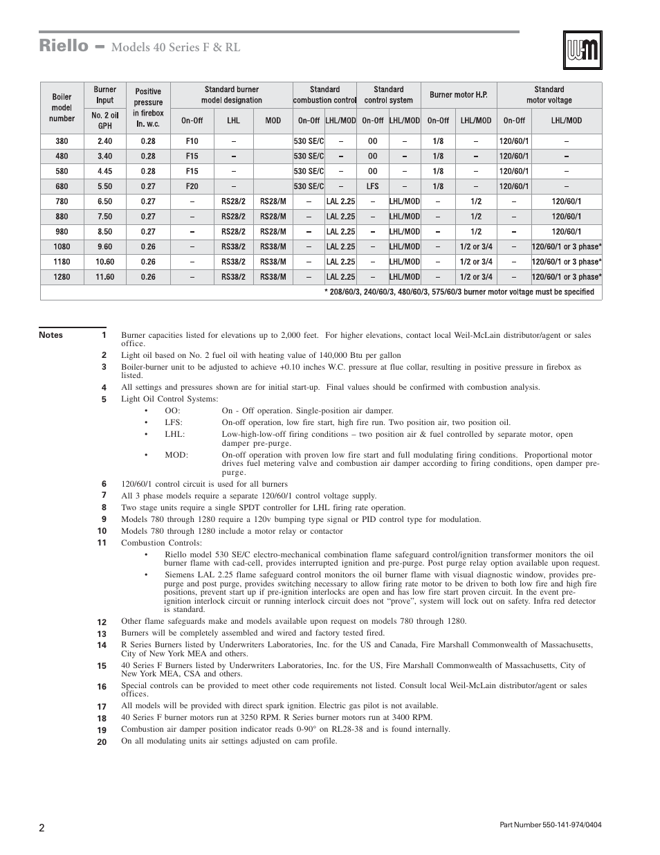 Riello, Models 40 series f & rl | Weil-McLain F10 - F20 User Manual | Page 2 / 4
