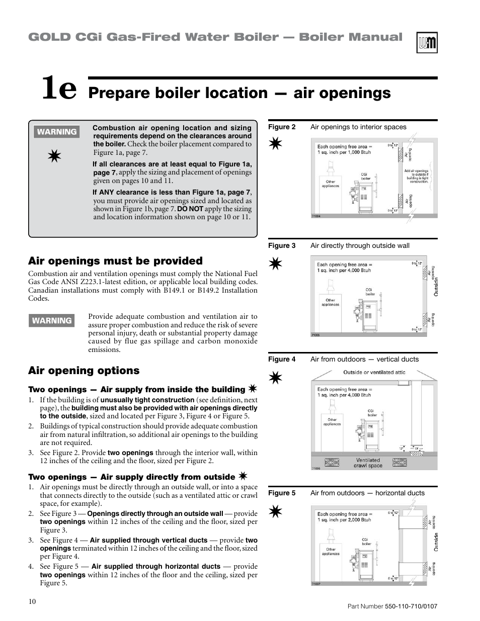 Prepare boiler location — air openings, Gold cgi gas-fired water boiler — boiler manual, Air opening options | Air openings must be provided | Weil-McLain GOLD CGI 550-110-710/0107 User Manual | Page 10 / 68