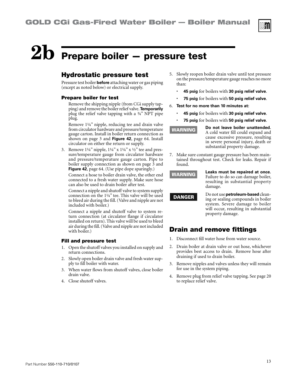 Prepare boiler — pressure test, Gold cgi gas-fired water boiler — boiler manual, Hydrostatic pressure test | Drain and remove fittings | Weil-McLain GOLD CGI 550-110-710/0107 User Manual | Page 13 / 68