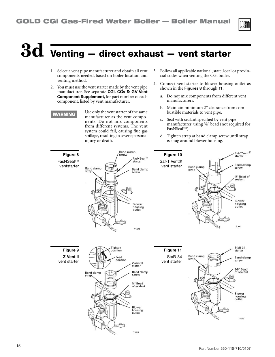 Venting — direct exhaust — vent starter, Gold cgi gas-fired water boiler — boiler manual | Weil-McLain GOLD CGI 550-110-710/0107 User Manual | Page 16 / 68