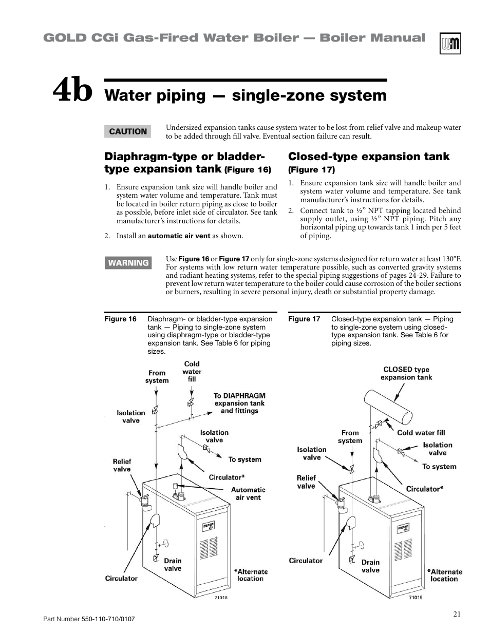 Water piping — single-zone system, Gold cgi gas-fired water boiler — boiler manual, Diaphragm-type or bladder- type expansion tank | Closed-type expansion tank | Weil-McLain GOLD CGI 550-110-710/0107 User Manual | Page 21 / 68