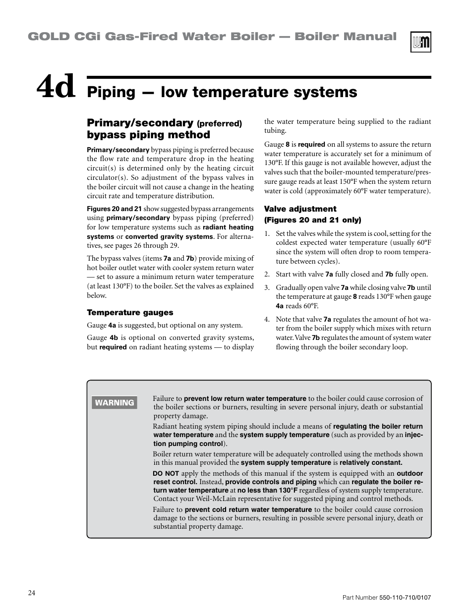 Piping — low temperature systems, Gold cgi gas-fired water boiler — boiler manual, Primary/secondary | Bypass piping method | Weil-McLain GOLD CGI 550-110-710/0107 User Manual | Page 24 / 68