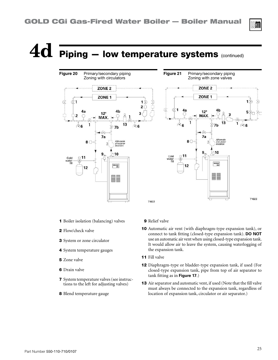 Piping — low temperature systems, Gold cgi gas-fired water boiler — boiler manual | Weil-McLain GOLD CGI 550-110-710/0107 User Manual | Page 25 / 68