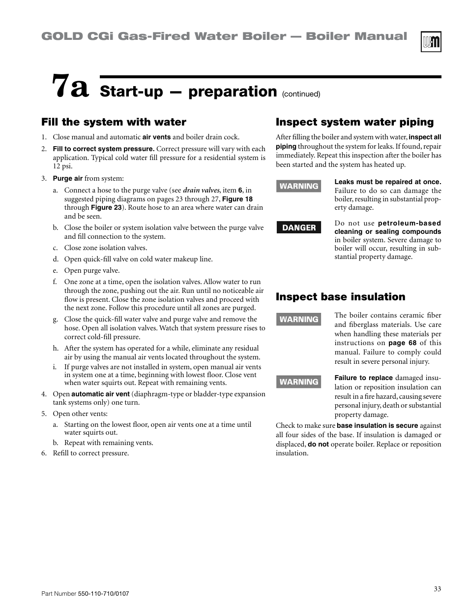 Start-up — preparation, Inspect system water piping, Inspect base insulation | Weil-McLain GOLD CGI 550-110-710/0107 User Manual | Page 33 / 68