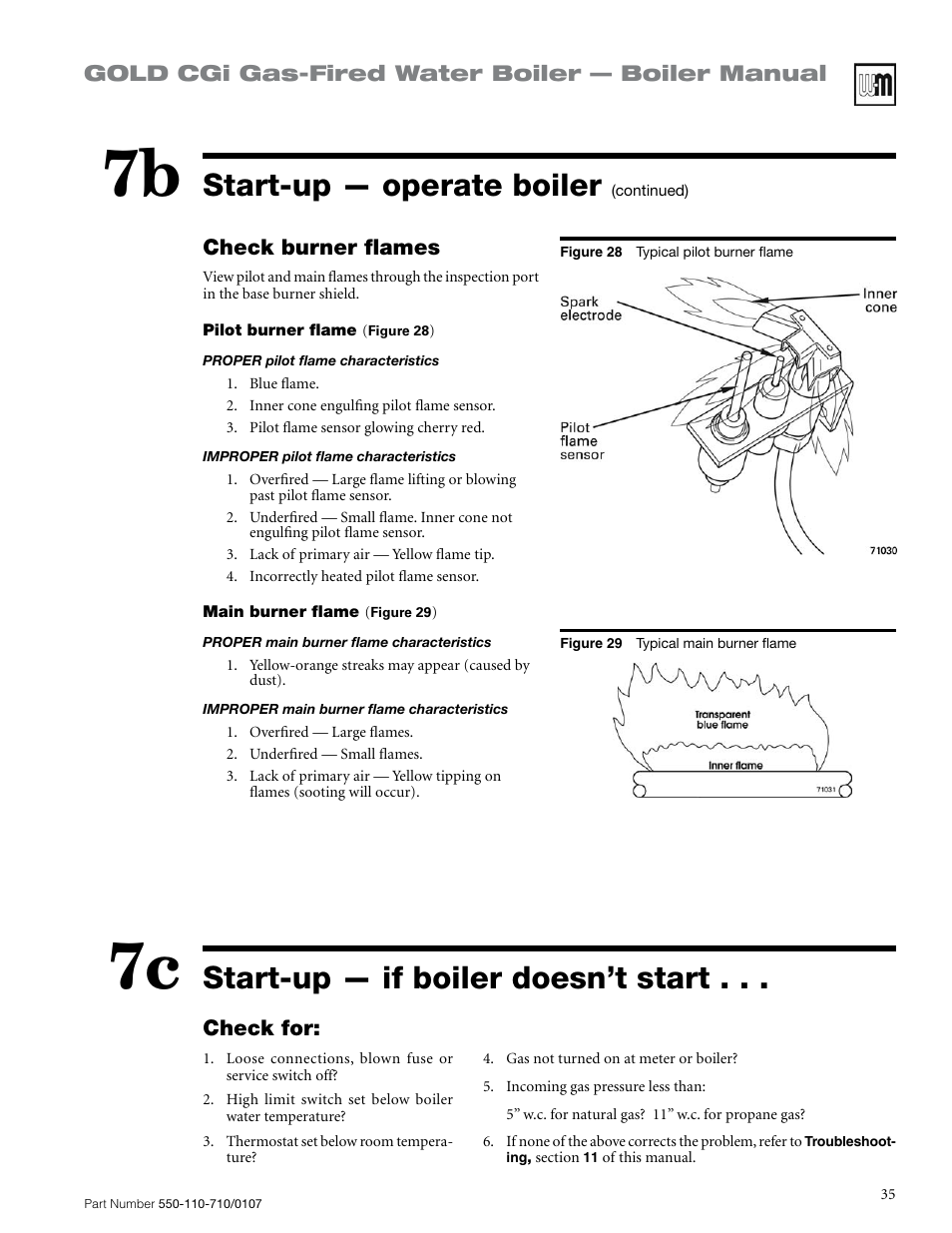 Start-up — operate boiler, Start-up — if boiler doesn’t start | Weil-McLain GOLD CGI 550-110-710/0107 User Manual | Page 35 / 68