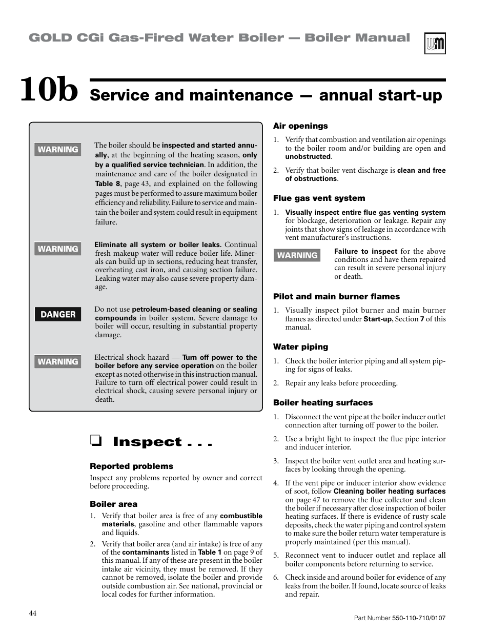 Service and maintenance — annual start-up, Inspect, Gold cgi gas-fired water boiler — boiler manual | Weil-McLain GOLD CGI 550-110-710/0107 User Manual | Page 44 / 68