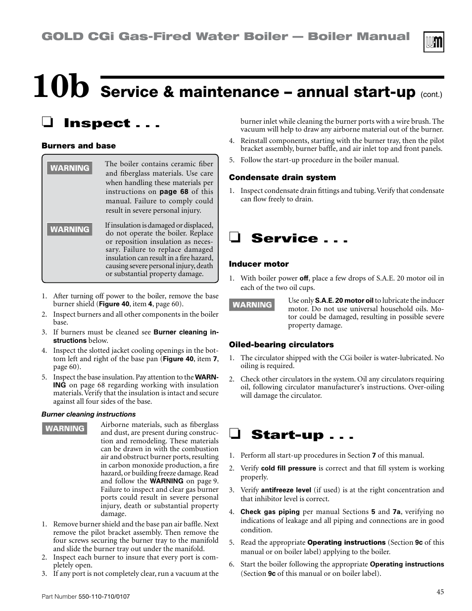 Service & maintenance – annual start-up, Inspect, Service | Start-up, Gold cgi gas-fired water boiler — boiler manual | Weil-McLain GOLD CGI 550-110-710/0107 User Manual | Page 45 / 68