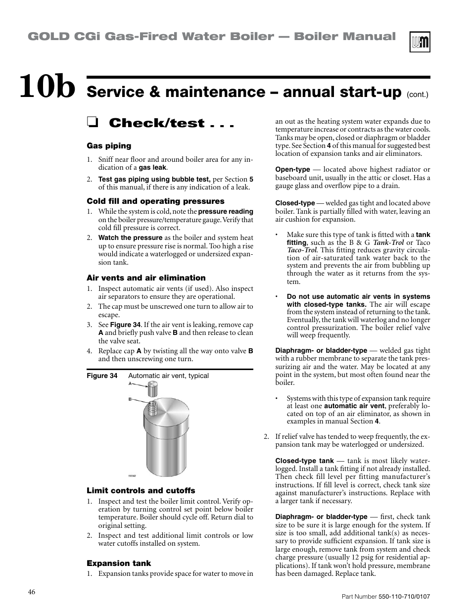 Service & maintenance – annual start-up, Check/test, Gold cgi gas-fired water boiler — boiler manual | Weil-McLain GOLD CGI 550-110-710/0107 User Manual | Page 46 / 68