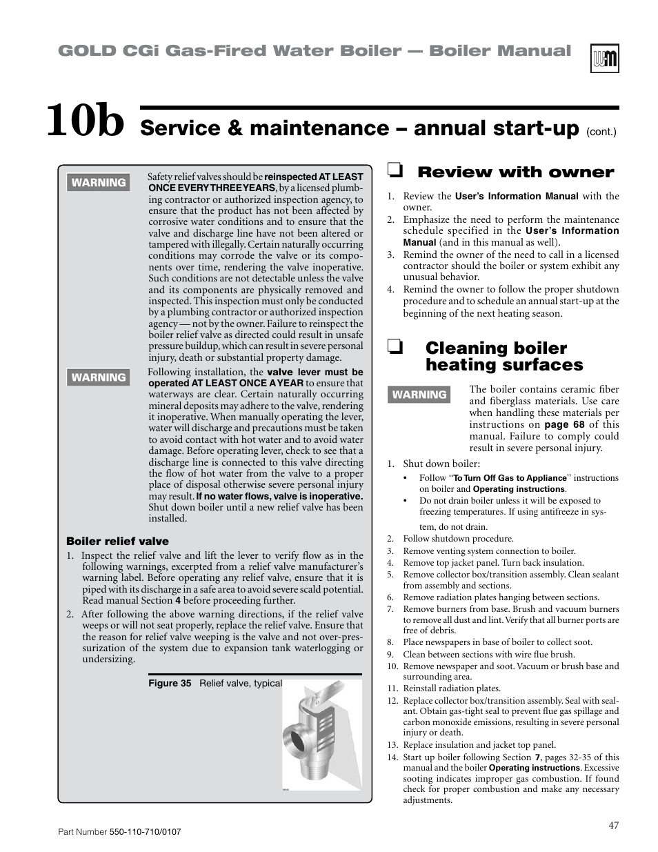 Service & maintenance – annual start-up, Cleaning boiler heating surfaces, Gold cgi gas-fired water boiler — boiler manual | Review with owner | Weil-McLain GOLD CGI 550-110-710/0107 User Manual | Page 47 / 68