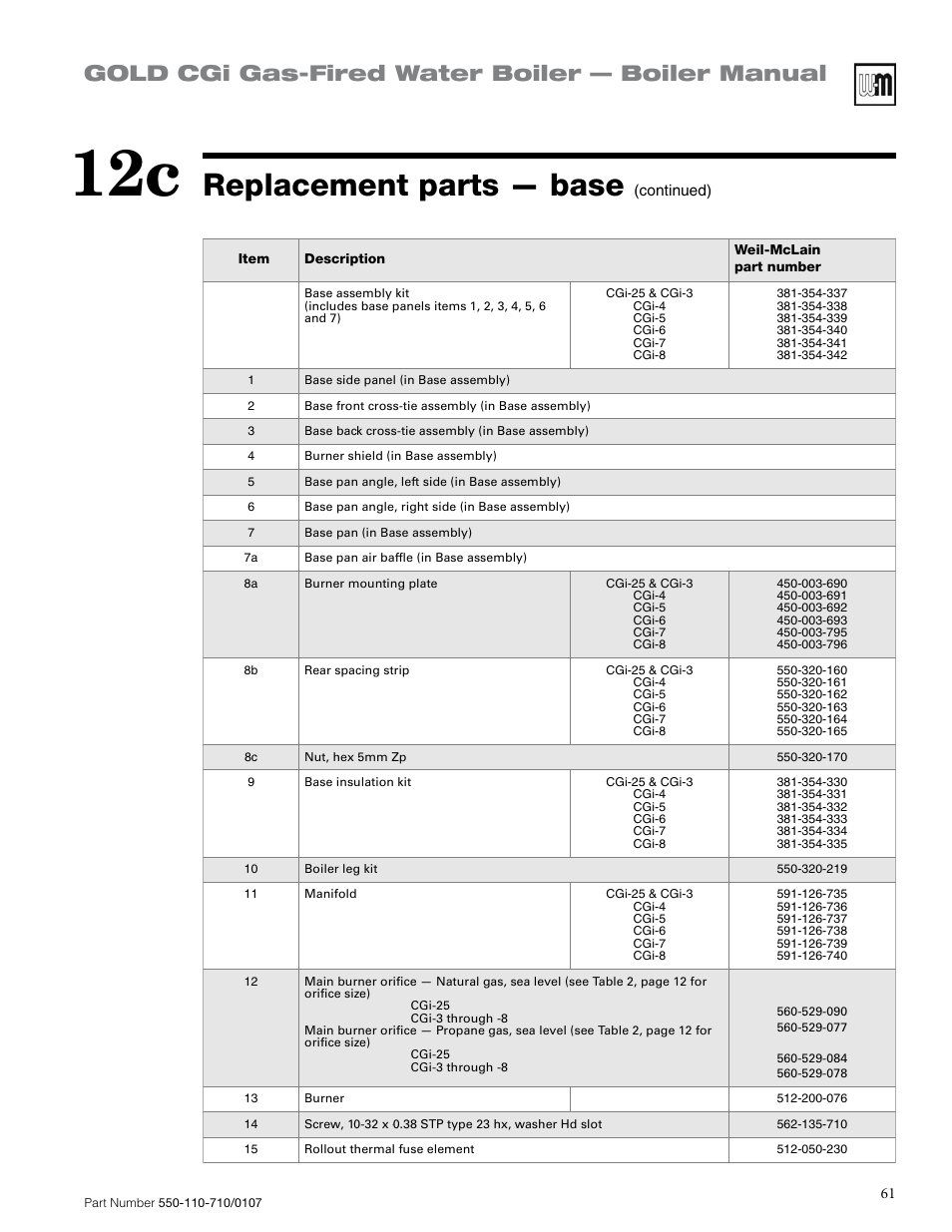 Replacement parts — base, Gold cgi gas-fired water boiler — boiler manual | Weil-McLain GOLD CGI 550-110-710/0107 User Manual | Page 61 / 68