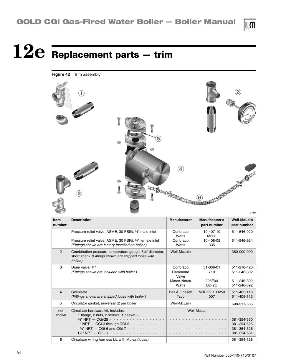 Replacement parts — trim, Gold cgi gas-fired water boiler — boiler manual | Weil-McLain GOLD CGI 550-110-710/0107 User Manual | Page 64 / 68