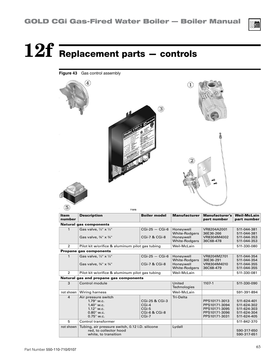 Replacement parts — controls, Gold cgi gas-fired water boiler — boiler manual | Weil-McLain GOLD CGI 550-110-710/0107 User Manual | Page 65 / 68