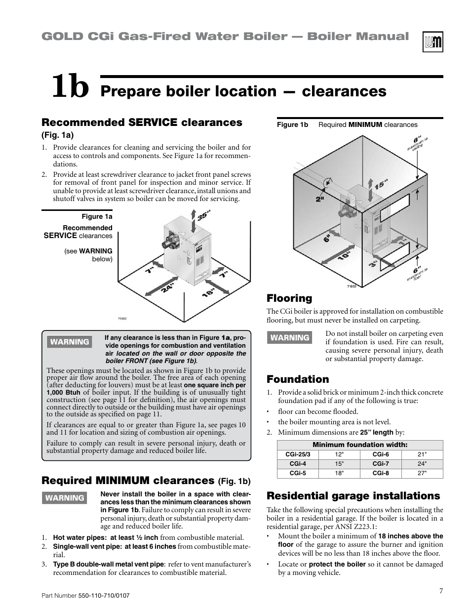 Prepare boiler location — clearances, Gold cgi gas-fired water boiler — boiler manual, Recommended service clearances | Required minimum clearances, Flooring, Foundation, Residential garage installations | Weil-McLain GOLD CGI 550-110-710/0107 User Manual | Page 7 / 68