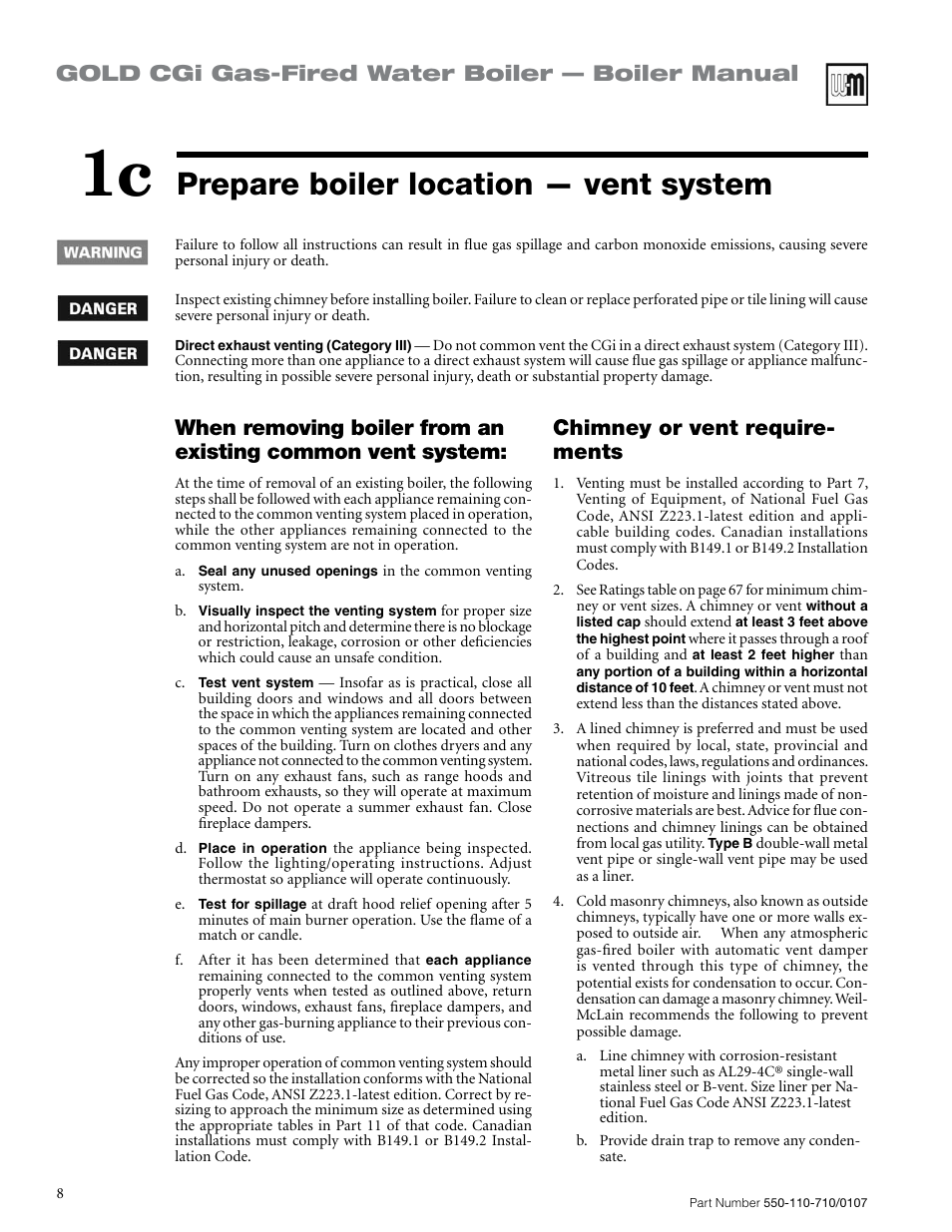 Prepare boiler location — vent system, Gold cgi gas-fired water boiler — boiler manual, Chimney or vent require- ments | Weil-McLain GOLD CGI 550-110-710/0107 User Manual | Page 8 / 68