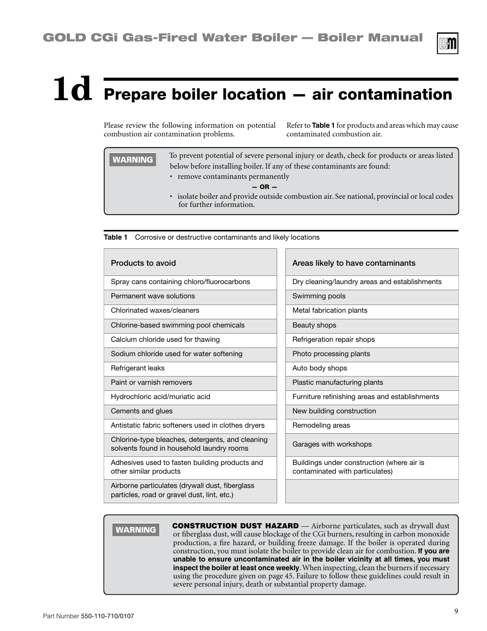 Prepare boiler location — air contamination, Gold cgi gas-fired water boiler — boiler manual | Weil-McLain GOLD CGI 550-110-710/0107 User Manual | Page 9 / 68