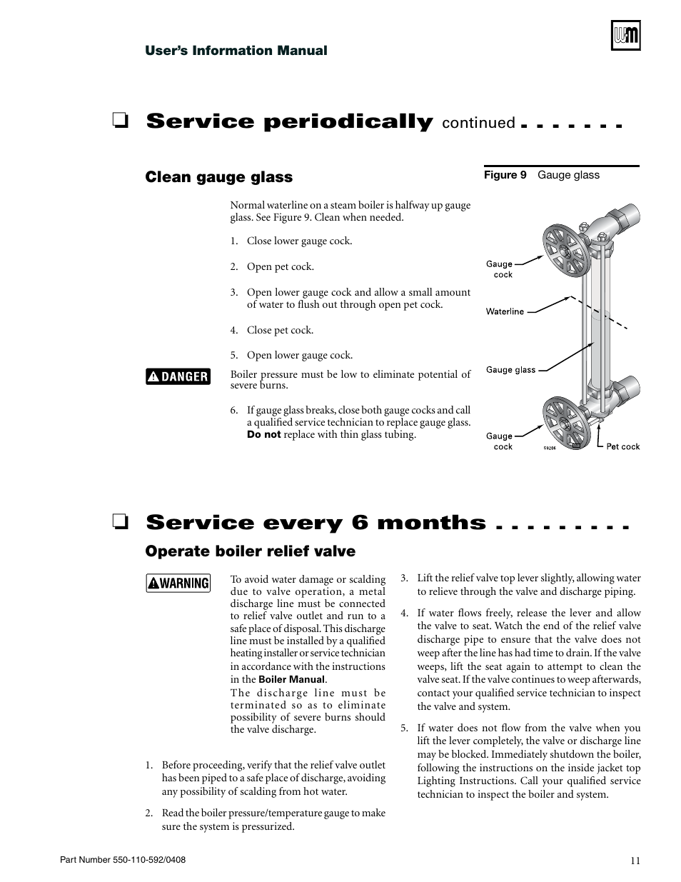 Service every 6 months, Service periodically, Operate boiler relief valve | Clean gauge glass, Continued | Weil-McLain CGa User Manual | Page 11 / 24