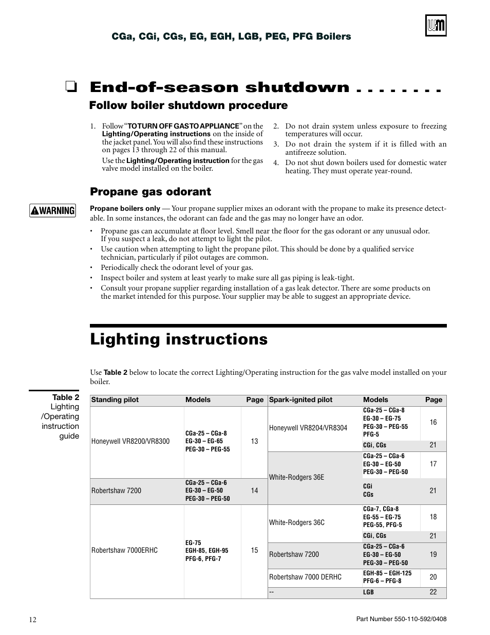 Lighting instructions, End-of-season shutdown, Follow boiler shutdown procedure | Propane gas odorant | Weil-McLain CGa User Manual | Page 12 / 24