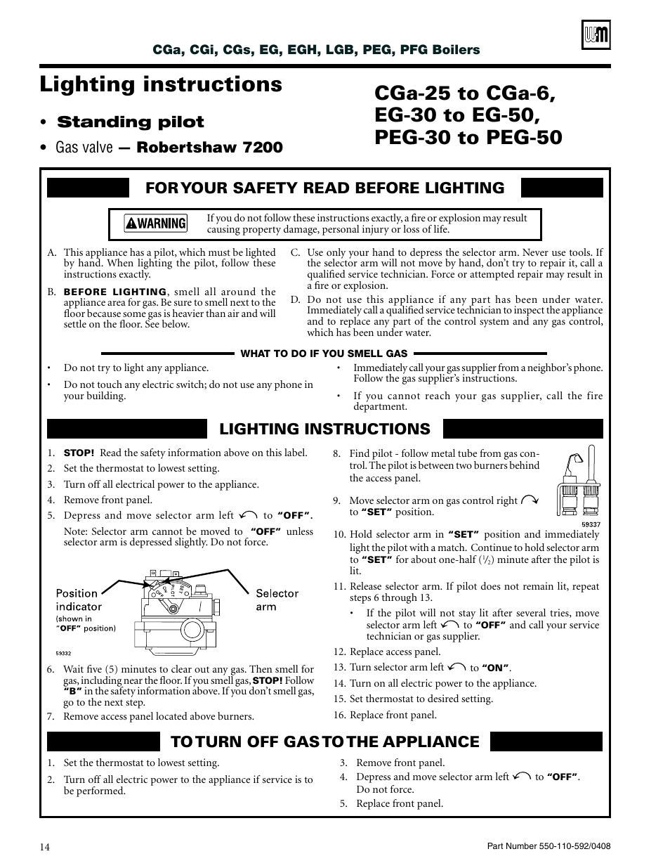 Lighting instructions, Gas valve — robertshaw 7200, Standing pilot | Weil-McLain CGa User Manual | Page 14 / 24