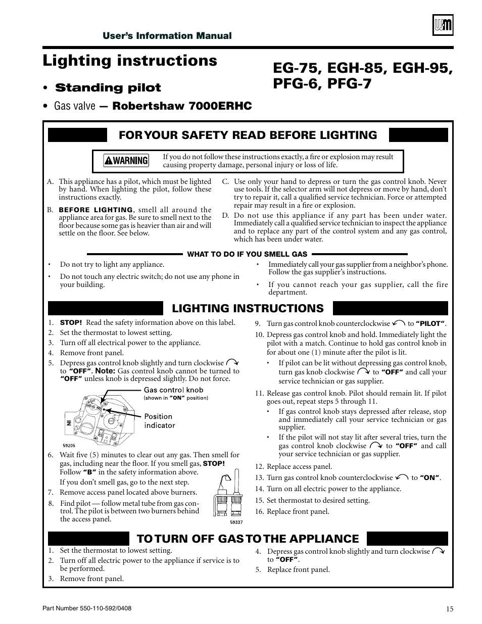 Lighting instructions, Standing pilot • gas valve — robertshaw 7000erhc | Weil-McLain CGa User Manual | Page 15 / 24