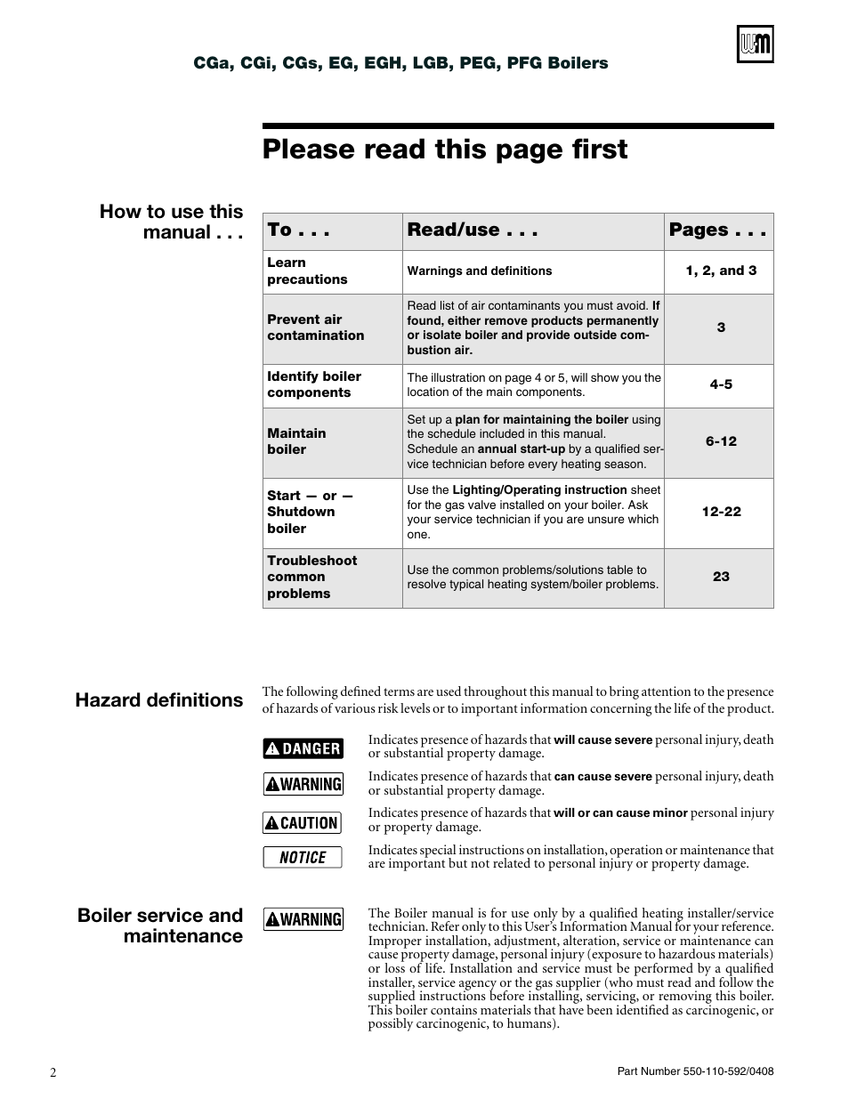 Please read this page first, How to use this manual, Boiler service and maintenance | Hazard definitions | Weil-McLain CGa User Manual | Page 2 / 24