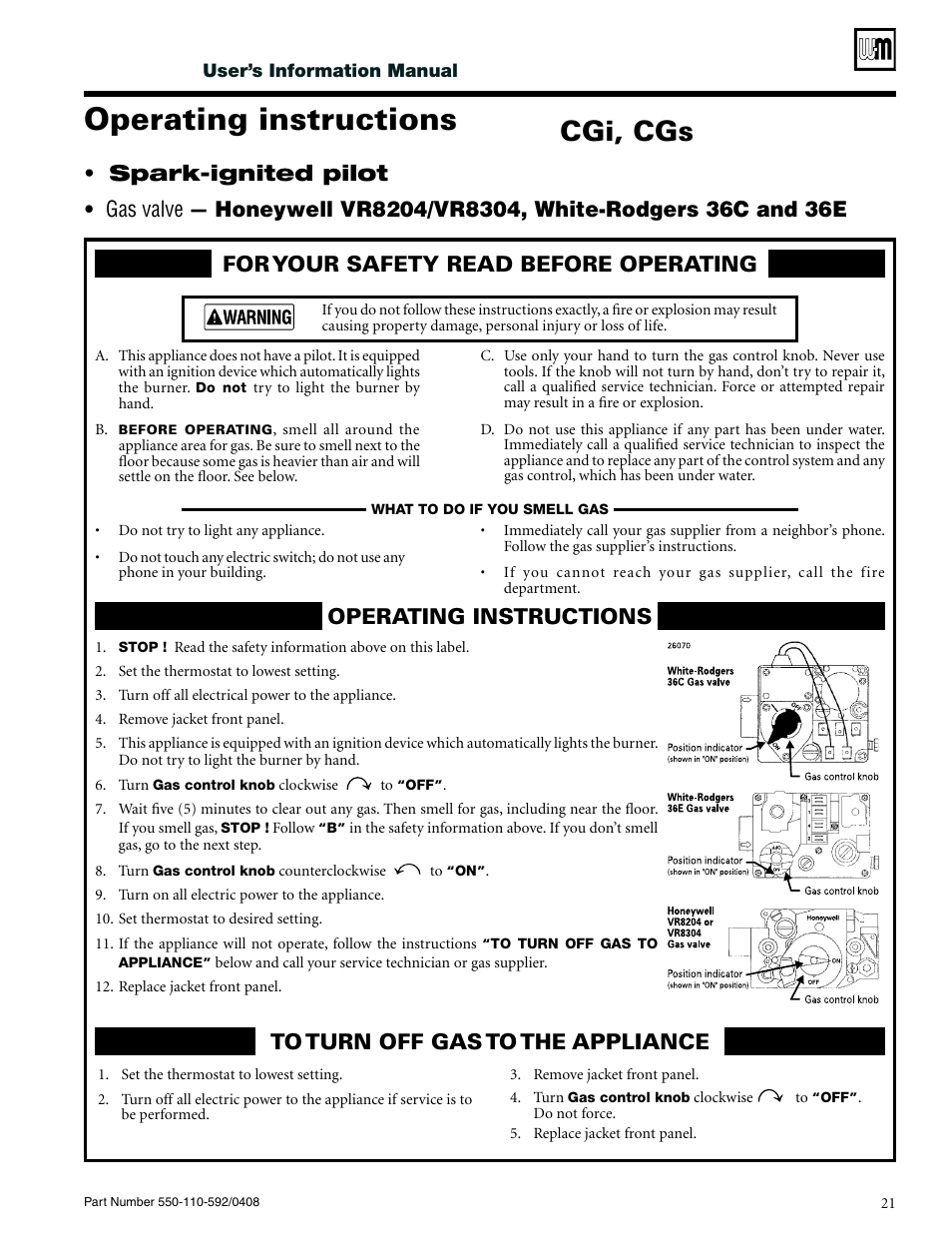 Operating instructions, Cgi, cgs, Spark-ignited pilot | Weil-McLain CGa User Manual | Page 21 / 24