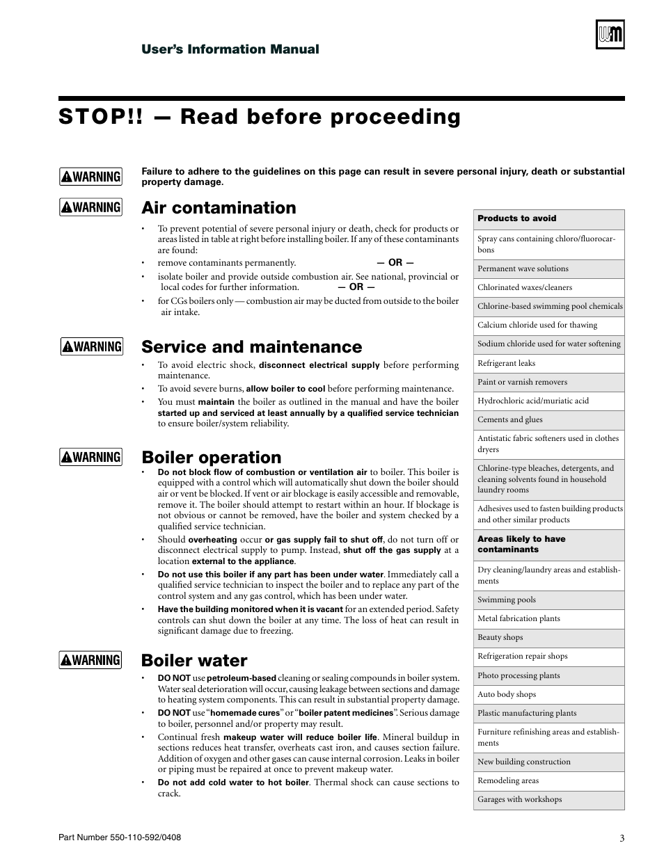 Stop!! — read before proceeding, Boiler water, Boiler operation | Service and maintenance, Air contamination, User’s information manual | Weil-McLain CGa User Manual | Page 3 / 24
