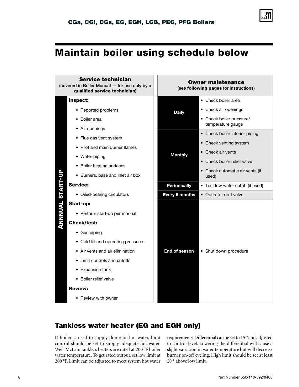 Maintain boiler using schedule below, Tankless water heater (eg and egh only) | Weil-McLain CGa User Manual | Page 6 / 24