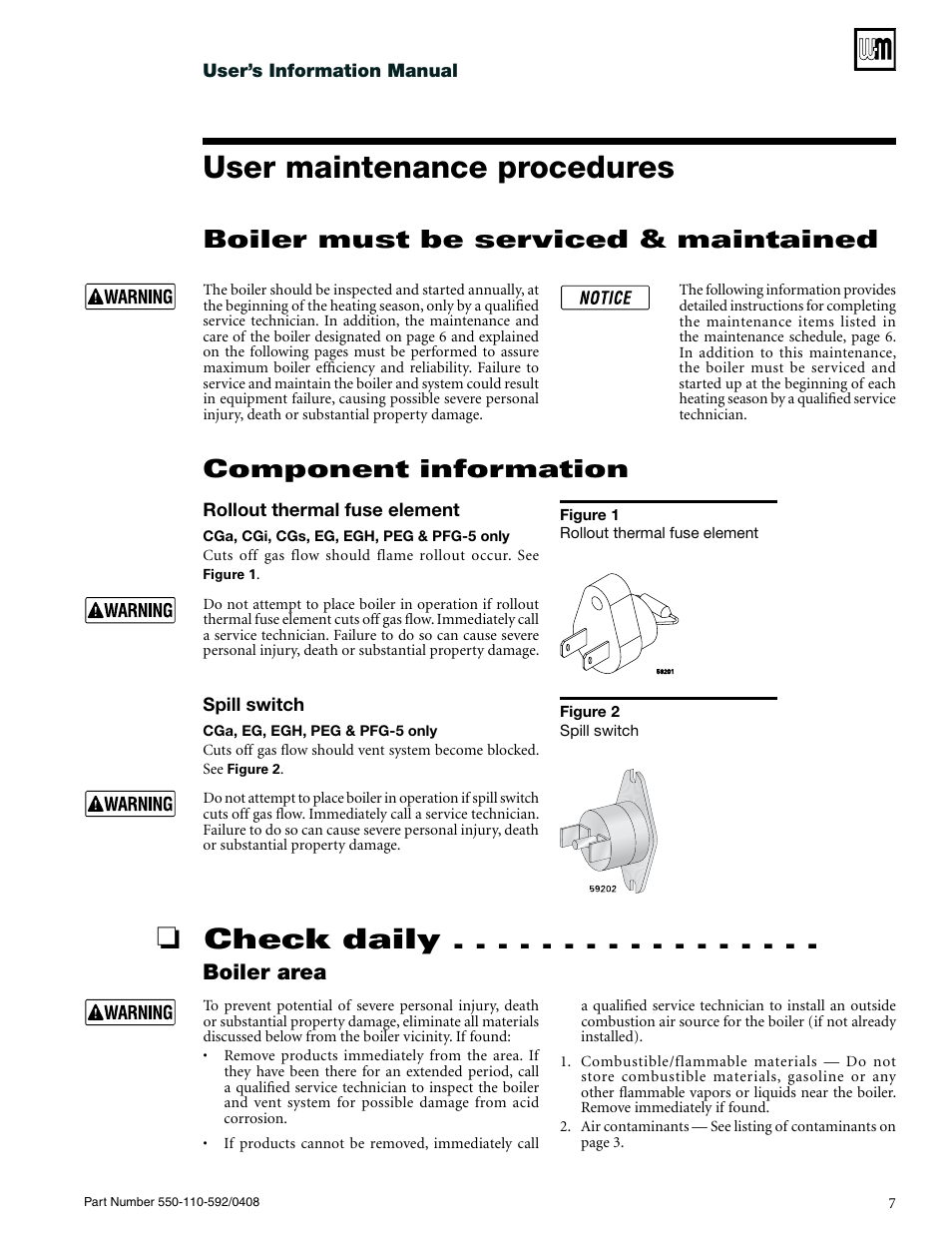 User maintenance procedures, Check daily, Component information | Boiler must be serviced & maintained, Boiler area | Weil-McLain CGa User Manual | Page 7 / 24