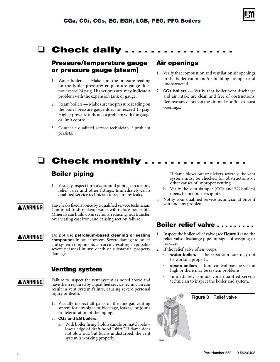 Check daily, Check monthly, Air openings | Venting system, Boiler piping, Boiler relief valve | Weil-McLain CGa User Manual | Page 8 / 24