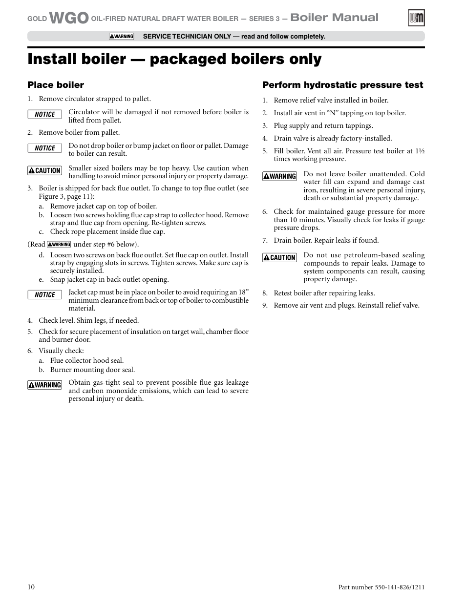 Install boiler — packaged boilers only, Boiler manual | Weil-McLain 550-141-826/1201 User Manual | Page 10 / 44