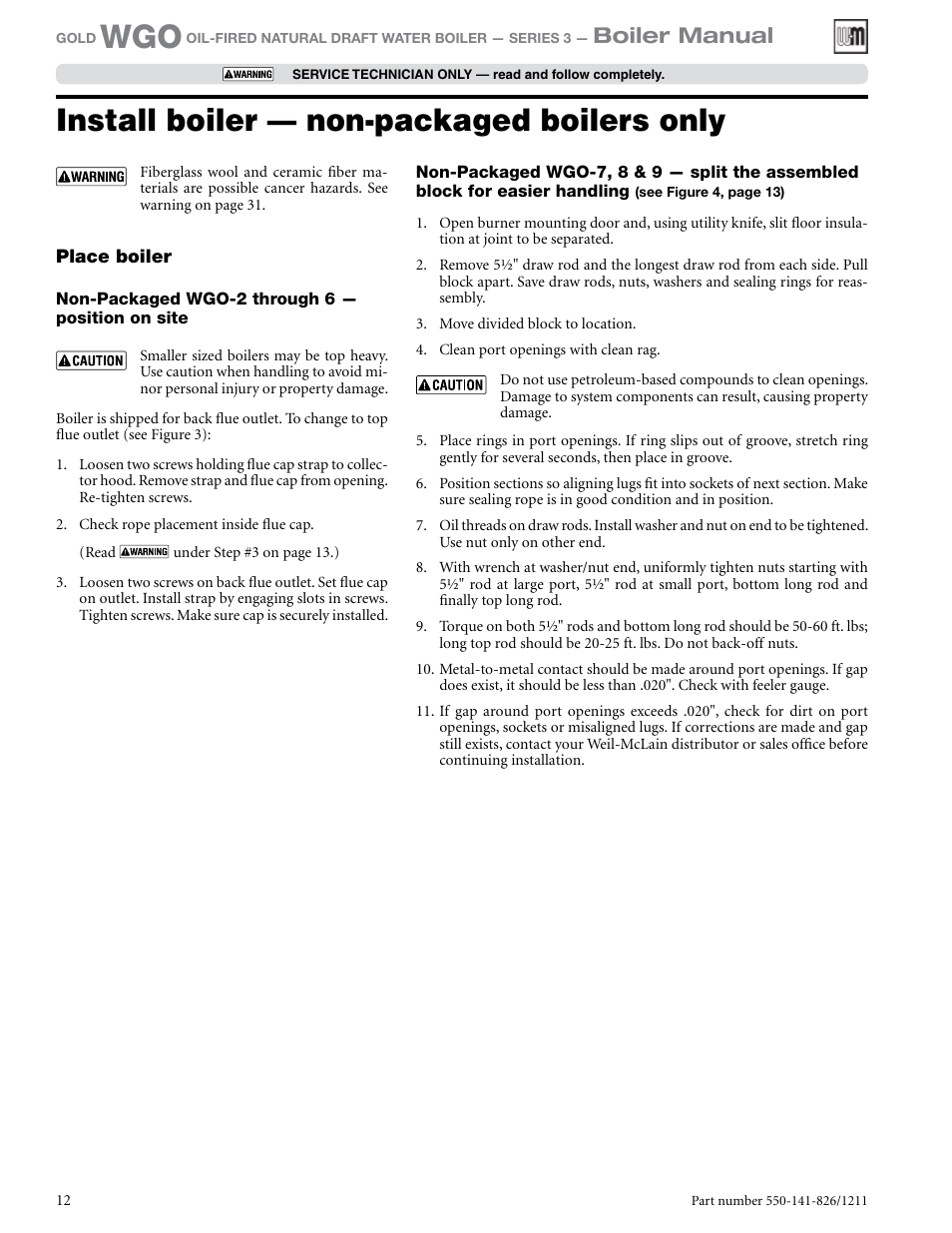 Install boiler — non-packaged boilers only, Boiler manual | Weil-McLain 550-141-826/1201 User Manual | Page 12 / 44